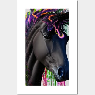 Black horse head with flowing mane with watercolor elements Posters and Art